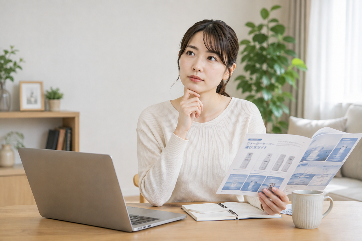 ウォーターサーバー選びに思案する女性